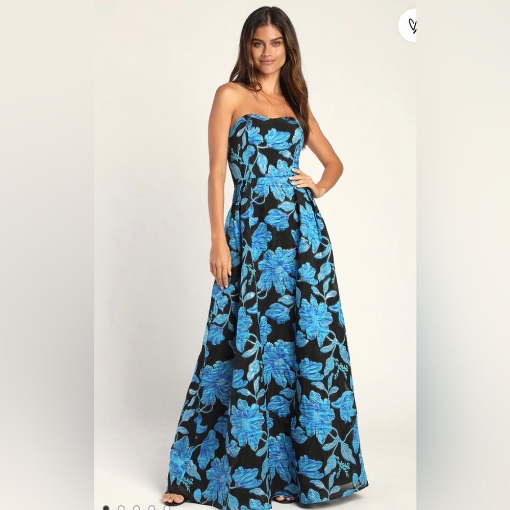 LULUS XL jacquard dress blue/black strapless
